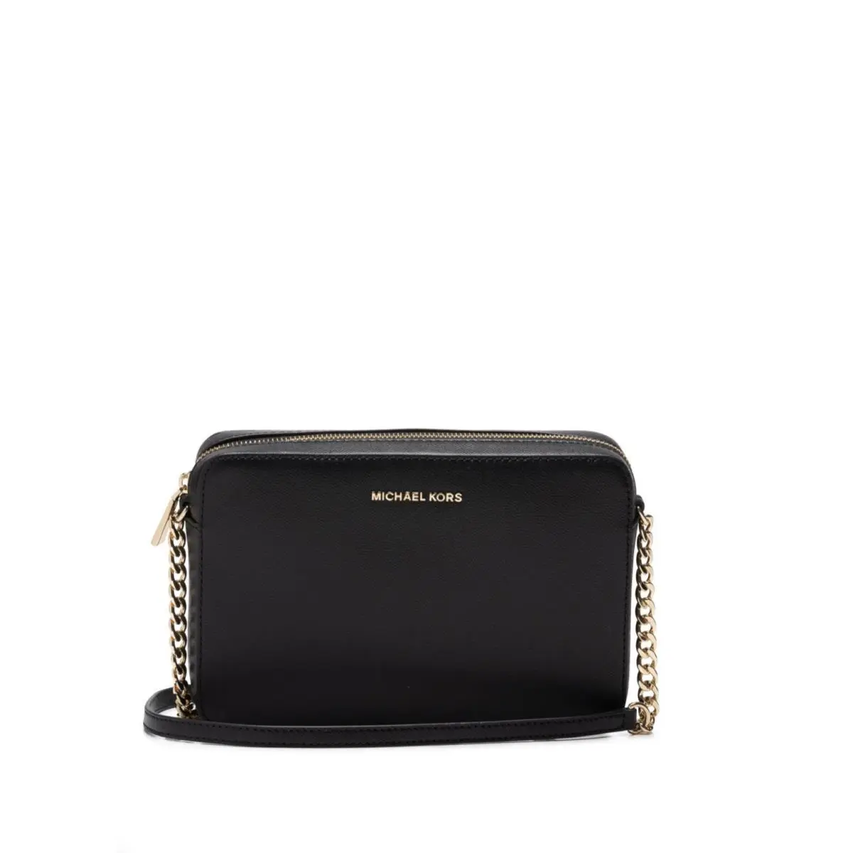 Michael Kors Jet Set East West Black/gold Crossgrain Leather Crossbody Handbag