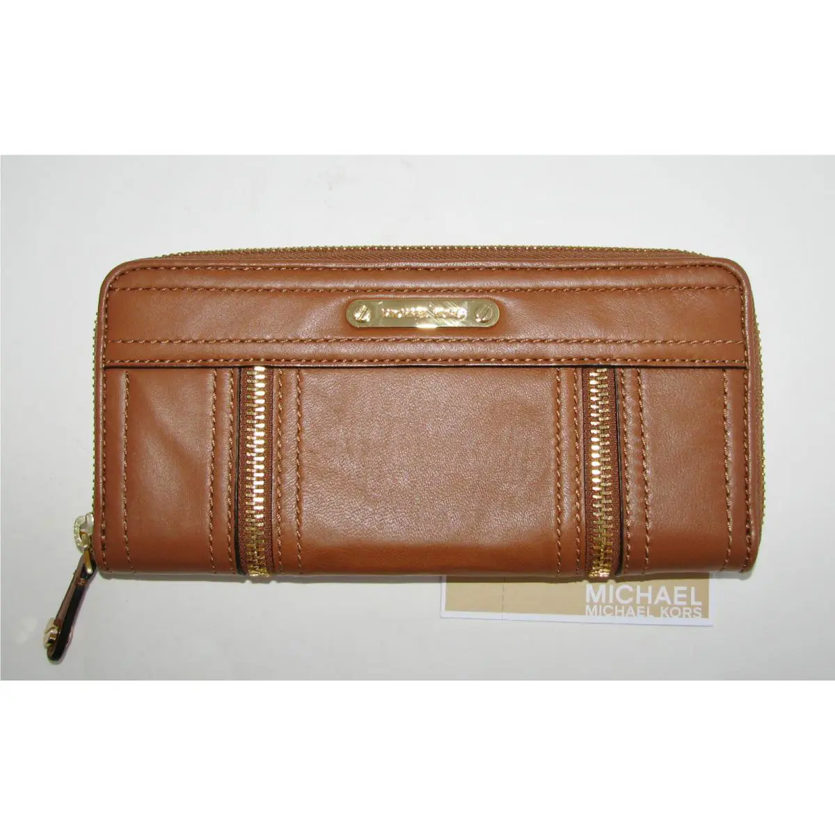 Michael Kors Moxley Luggage/brown Leather+gold Continental Zip Clutch Wallet