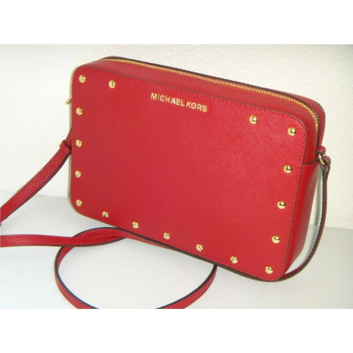 Michael Kors Sandrine Stud MK EW Crossbody Bag Scarlet Red Saffiano 38S8CD1C3L