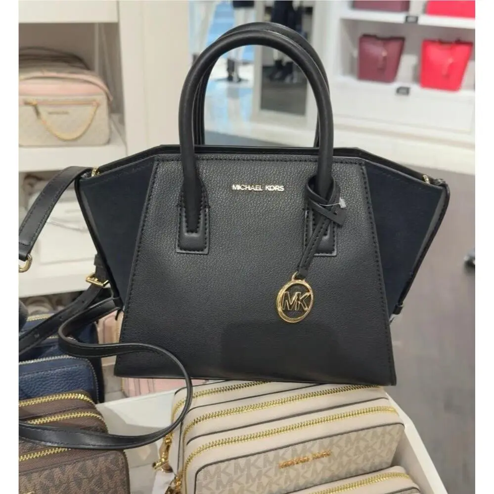 Michael Kors Avril Small Leather MK Charm Crossbody Top Zip Satchel Bag Black