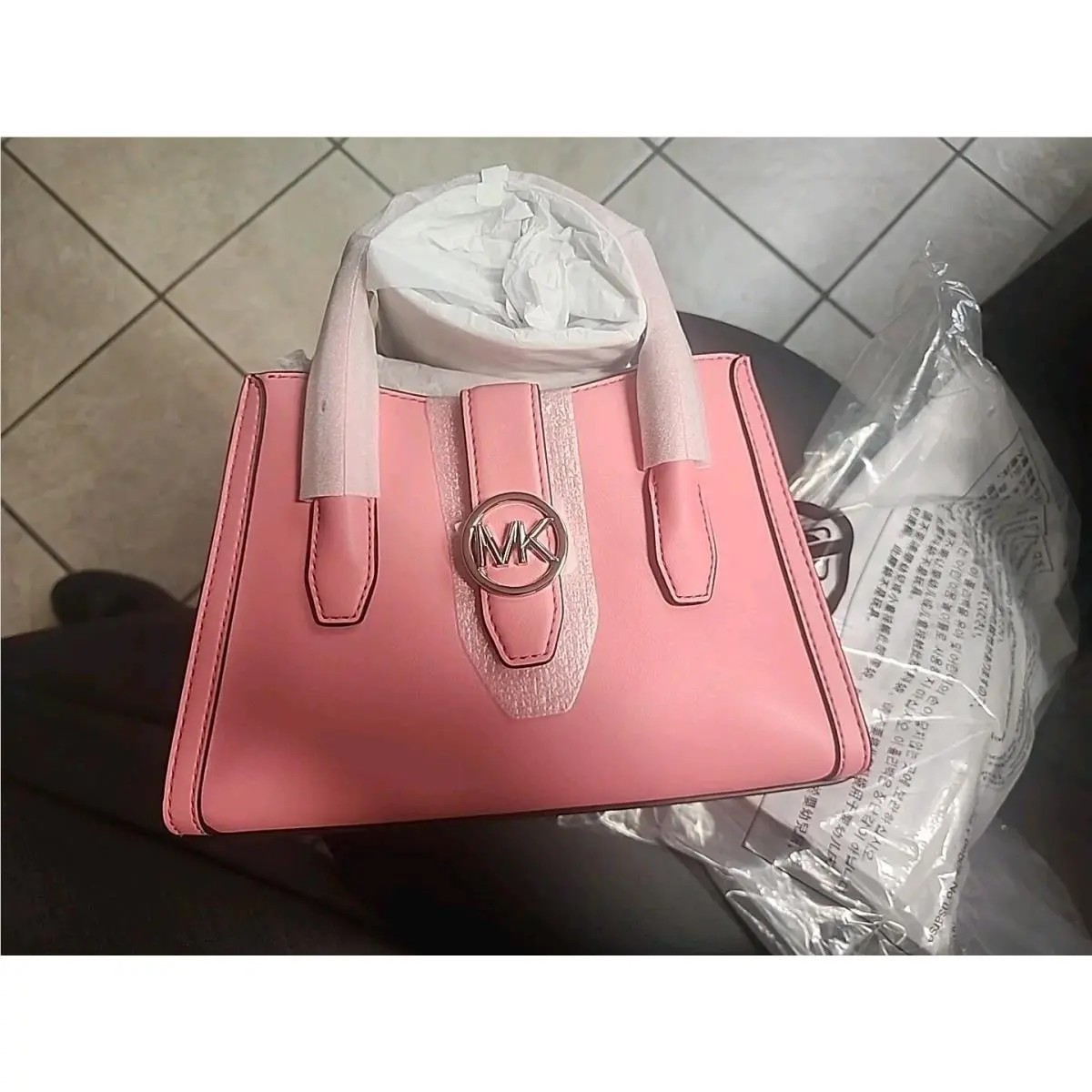 Michael Kors Gabby Small Tea Rose Leather Top Zip Satchel Crossbody Bag