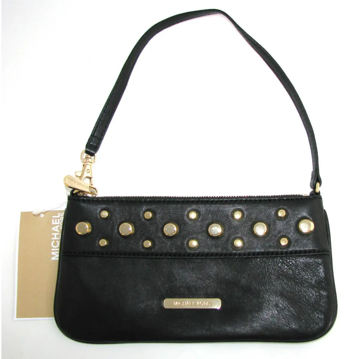 Michael Kors Ludlow Black Leather+gold Tone Wristlet Strap Mini Clutch Bag