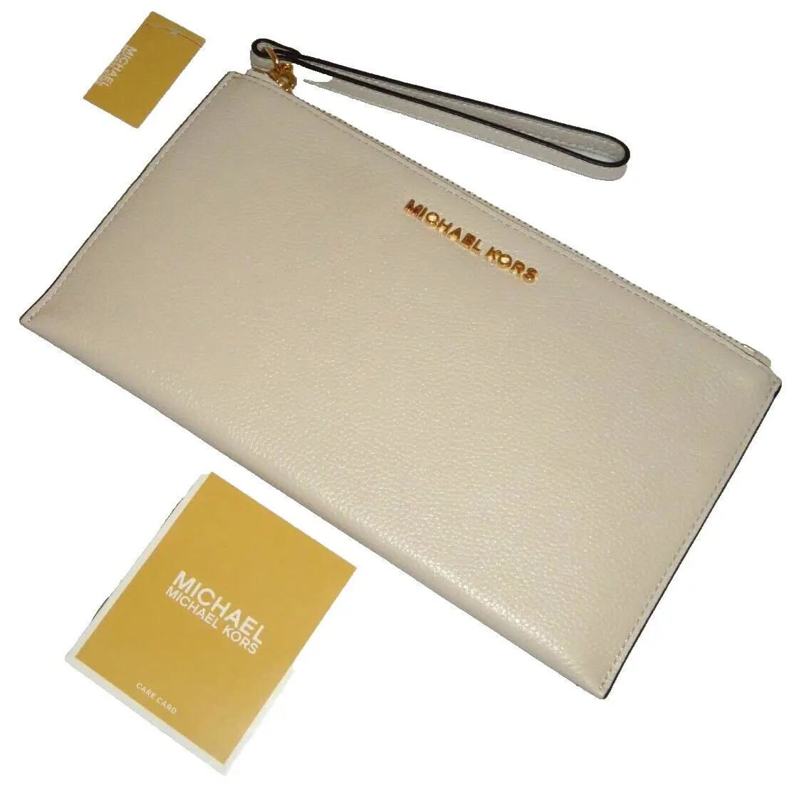 Michael Kors MK Jet Set LG Zip Clutch Wristlet Wallet White Vanilla Leather Gold