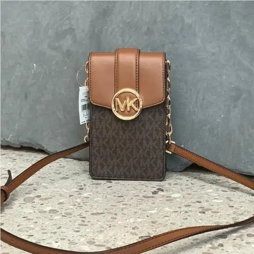 Michael Kors Carmen Small NS Phone Chain Crossbody Bag Shoulder MK Brown Logo