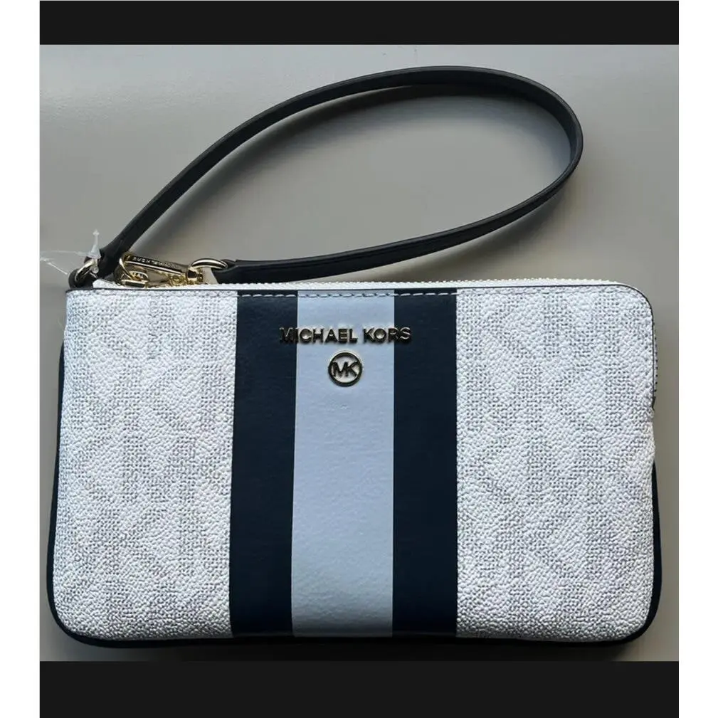 Michael Kors Large Gusset Wristlet Center Stripe Navy Blue
