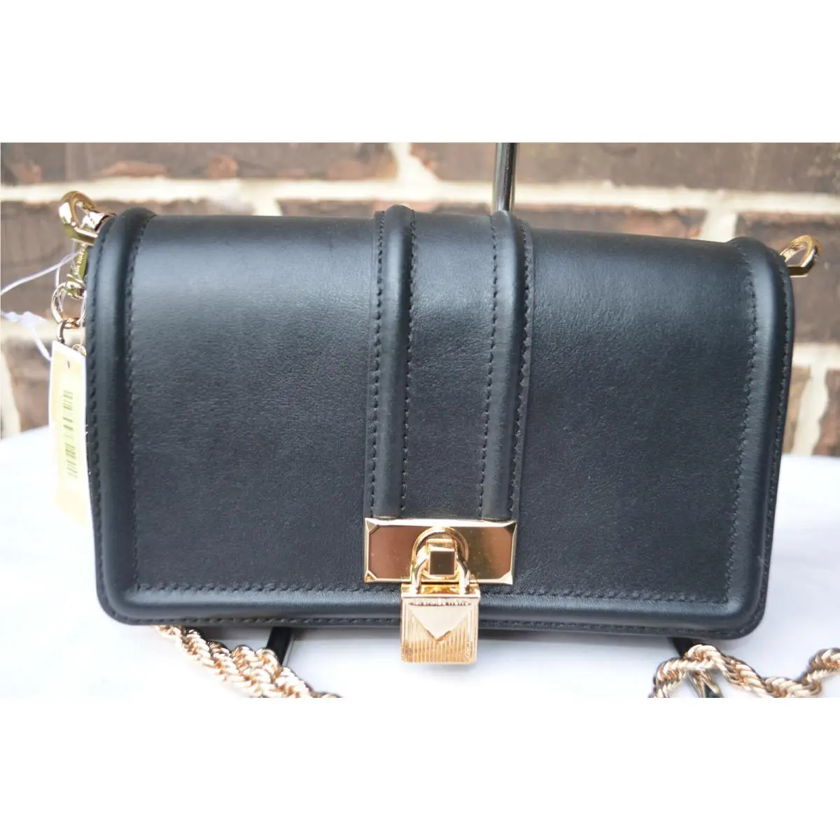 Michael Kors Padlock Chain Crossbody Black Gold Leather Bag