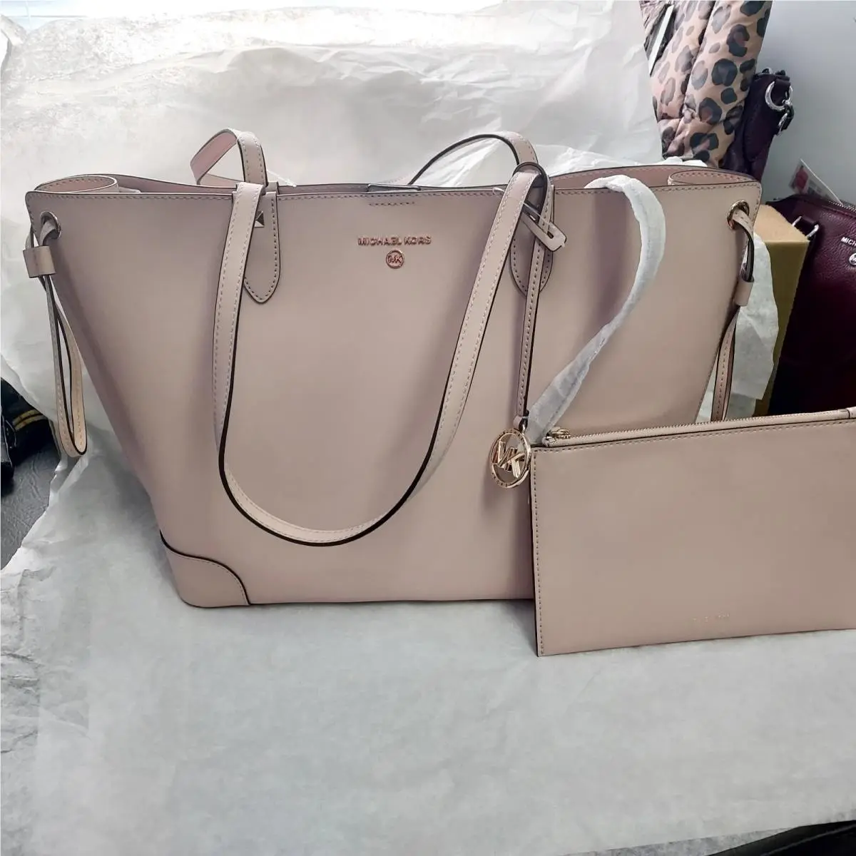 Michael Kors Edith Large Open Leather Tote Bag Soft Pink Detachable Pouch