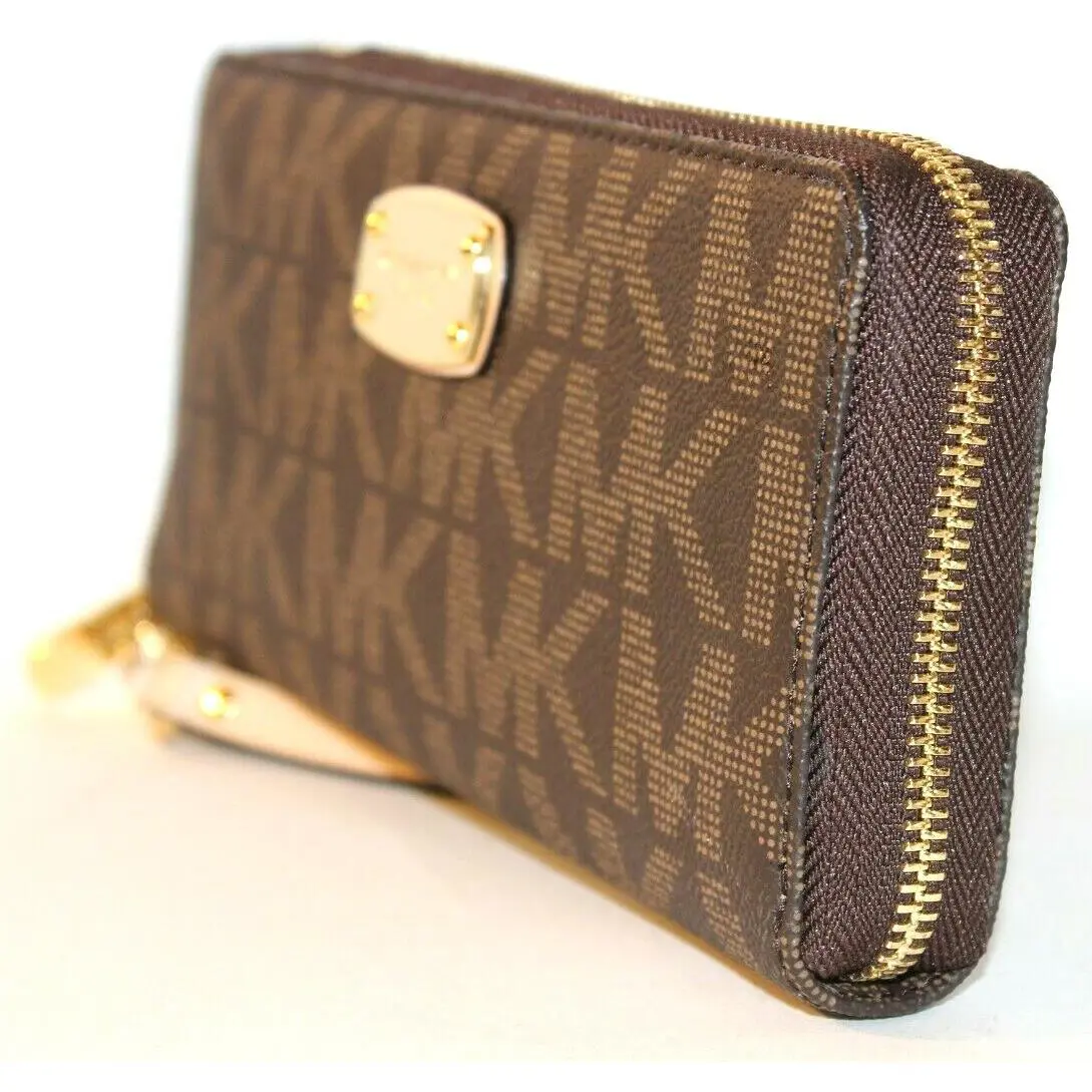 Michael Kors- M.k. Leather Wristlet Wallet: Brown/ Gold