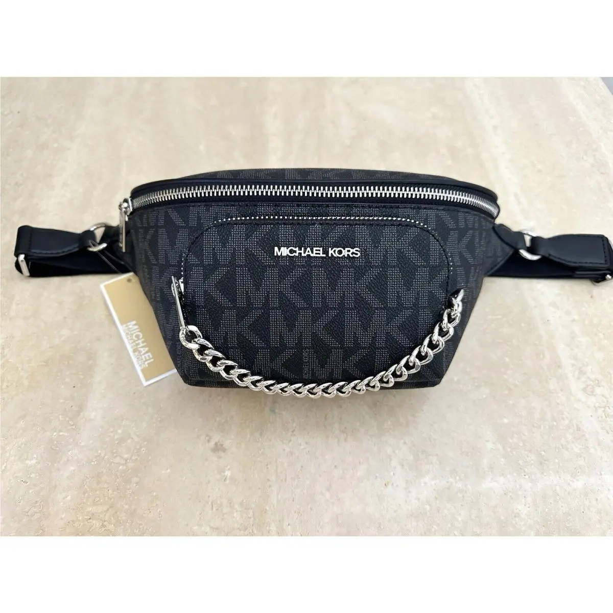 Michael Kors Jet Set Signature Black Saffiano Leather MD Sling Messenger Cha