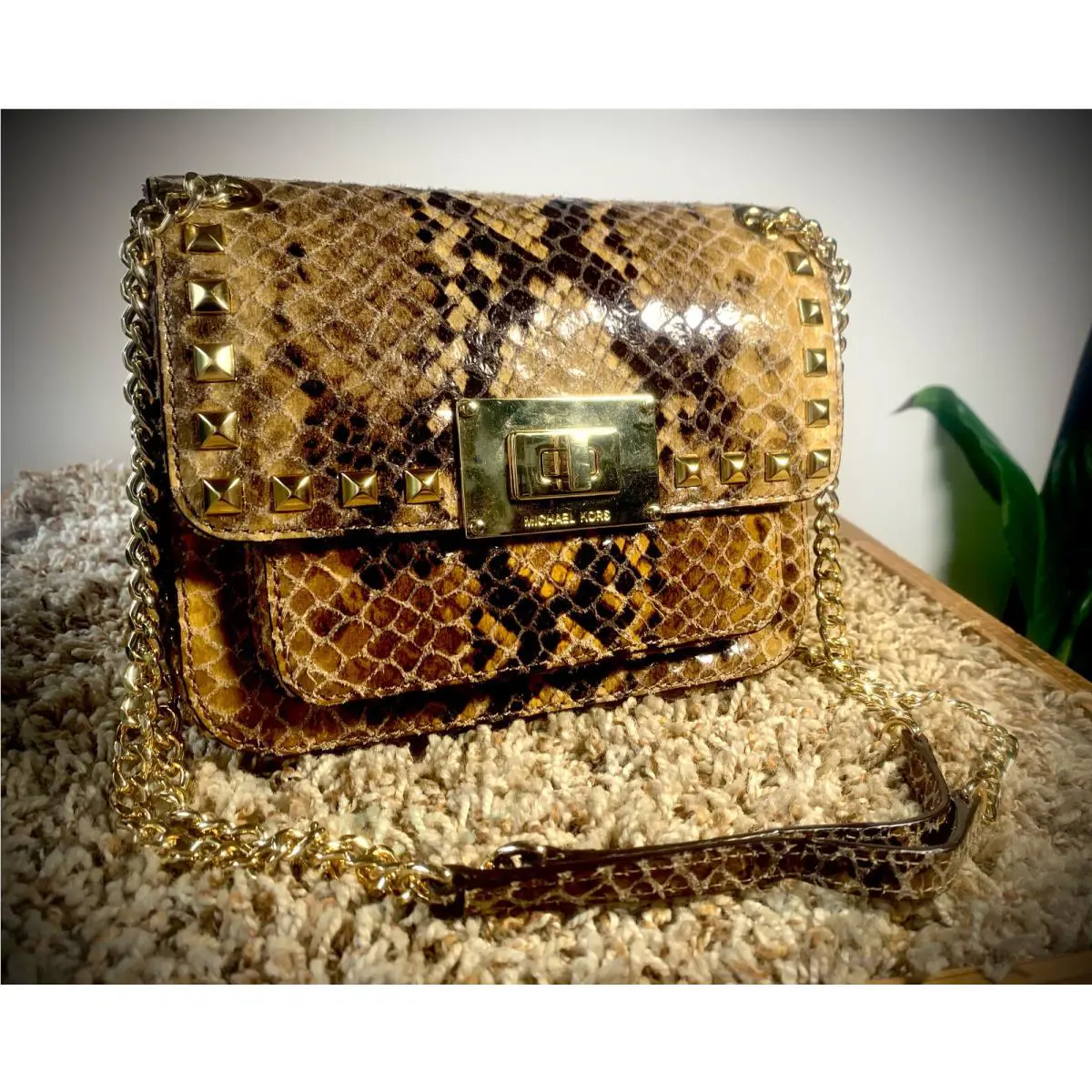 Michael Kors Selma Snakeskin Leather Dbl Chain Shoulder Studded Handbag Nwot