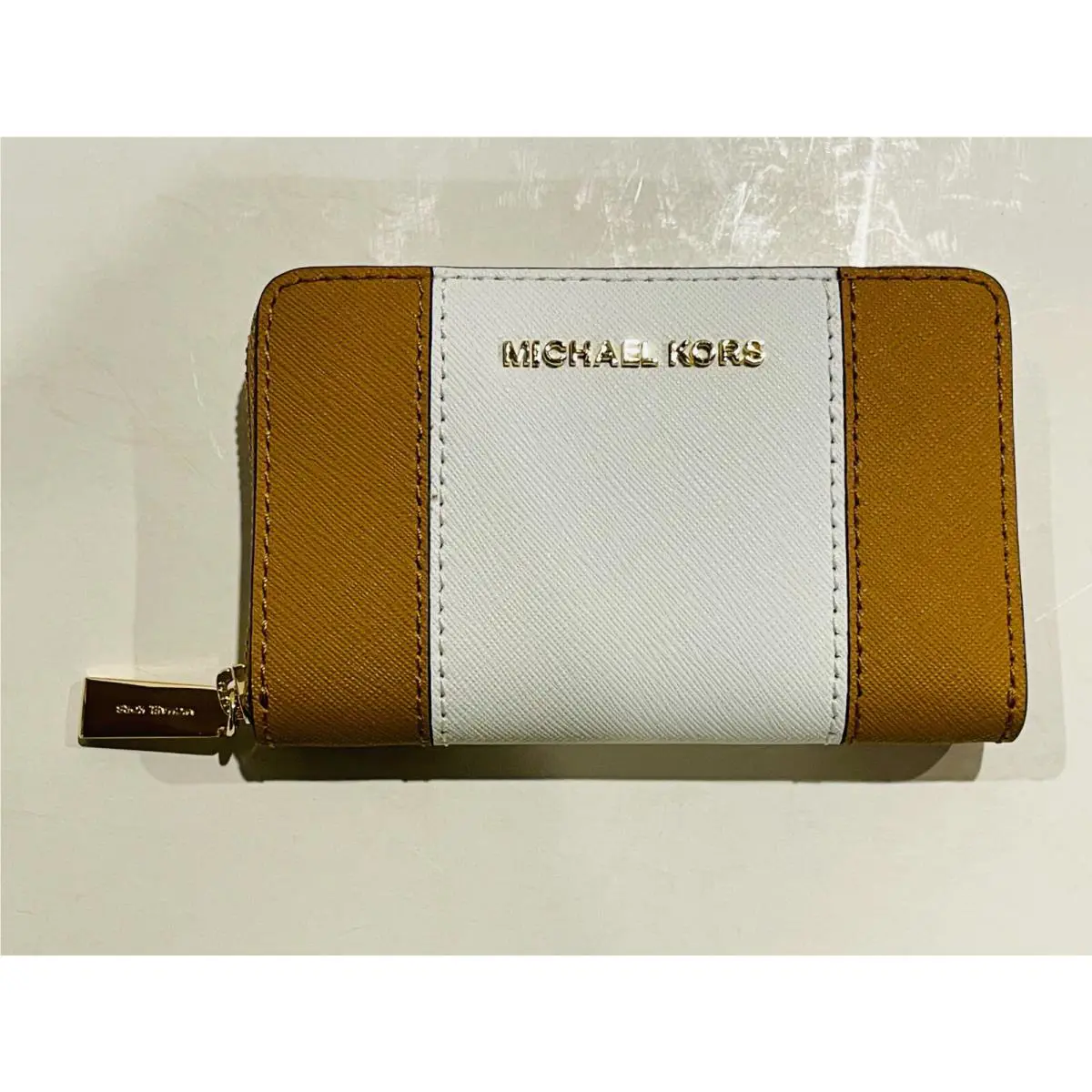 Michael Kors Jet Set Camel Stripe Zip Around Card Case Wallet