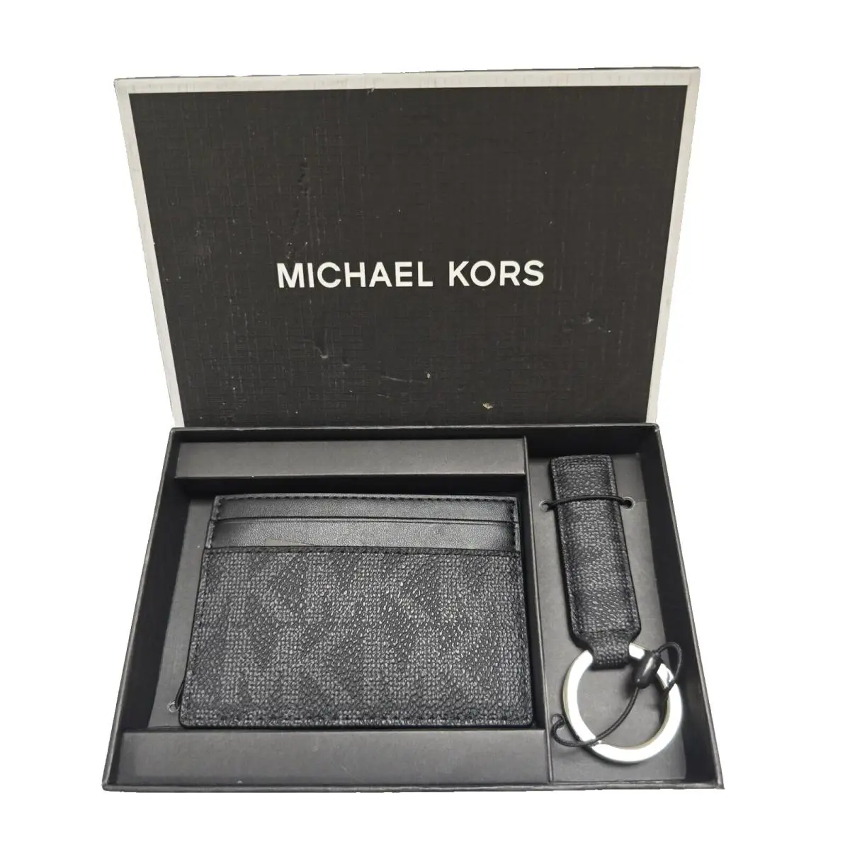 Michael Kors Black MK Logo Signature Slim Card Case Men`s Wallet + Fob Key Ring