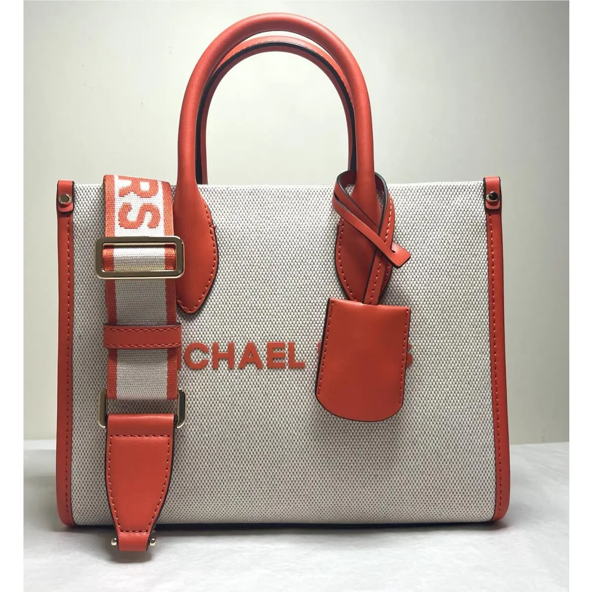 Michael Kors Mirella Small Poppy Canvas Shopper Top Zip Crossbody Satchel Bag