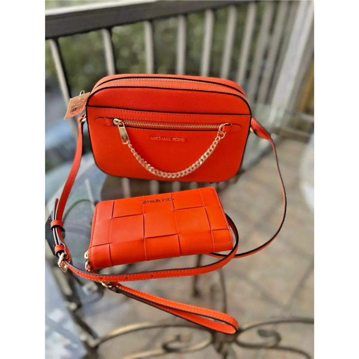Michael Kors Jet Set Large Leather Zip Chain Xbody Bag+flat Phone Wallet Poppy
