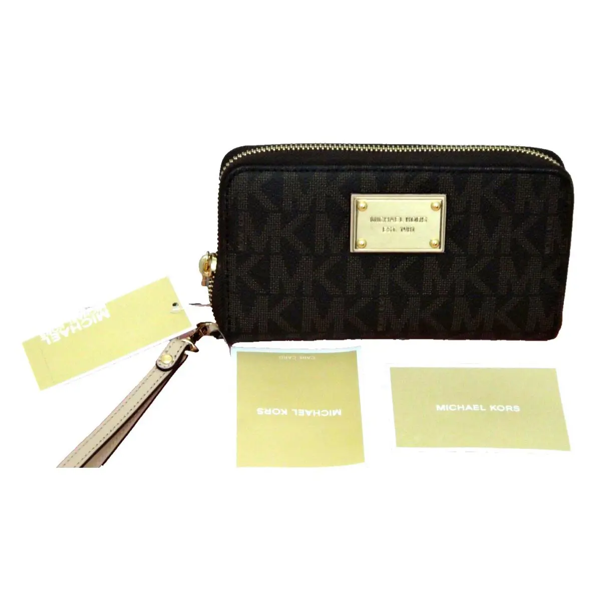 Michael Kors Women`s MK Signature Phone Case Wristlet Clutch Wallet Brown Gold