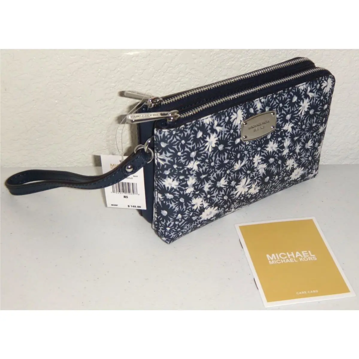 Michael Kors Womens MK Floral Double Zip Wristlet Clutch Wallet Navy Blue Silver