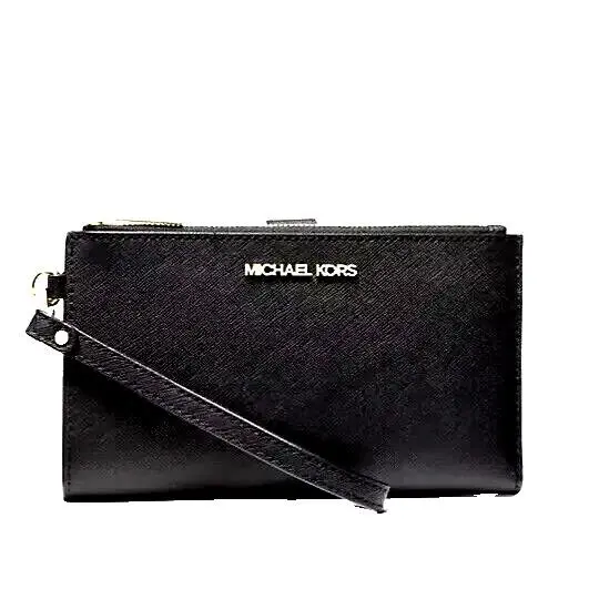 Michael Kors Jet Set Double Zip Wallet Phone Case Wristlet Black Leather Gold