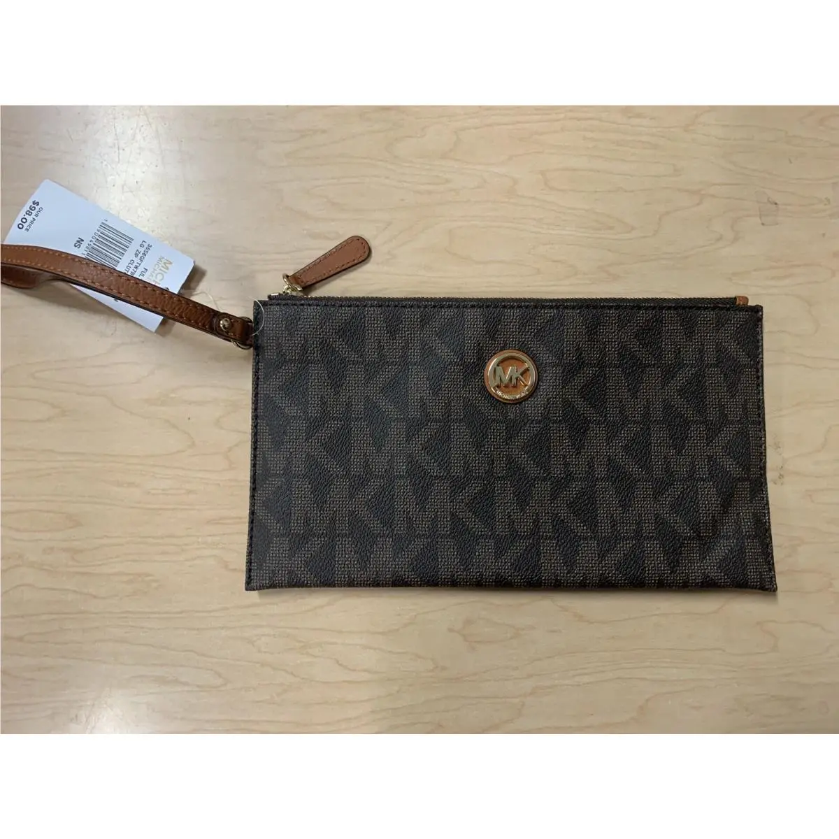 Michael Kors Fulton Large Zip Clutch Wristlet Brown Logo