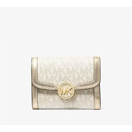 Michael Kors Leida Medium Metallic Signature Logo Snap Wallet Pale Gold Trim