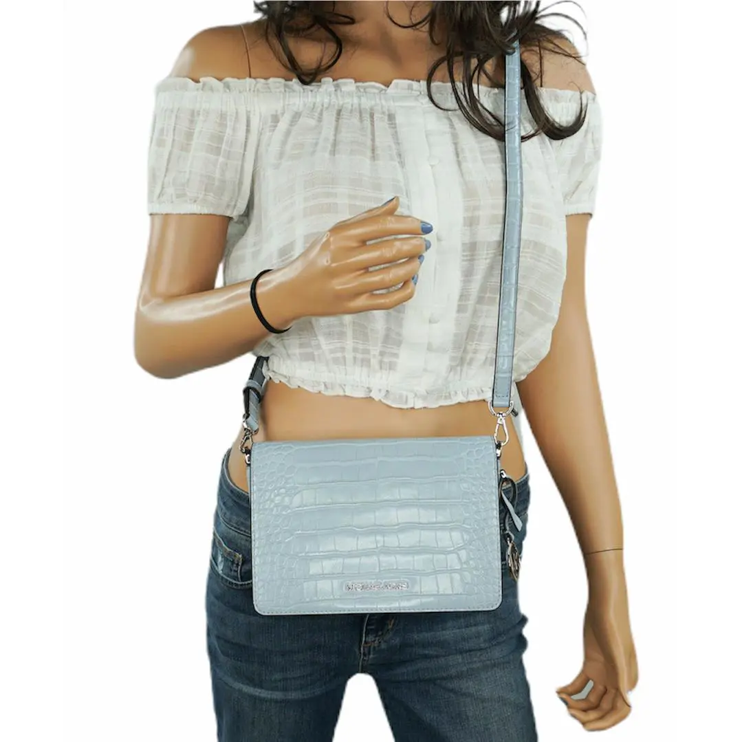 Michael Kors Mercer Small Shoulder Crossbody Embossed Leather Bag Clutch Blue