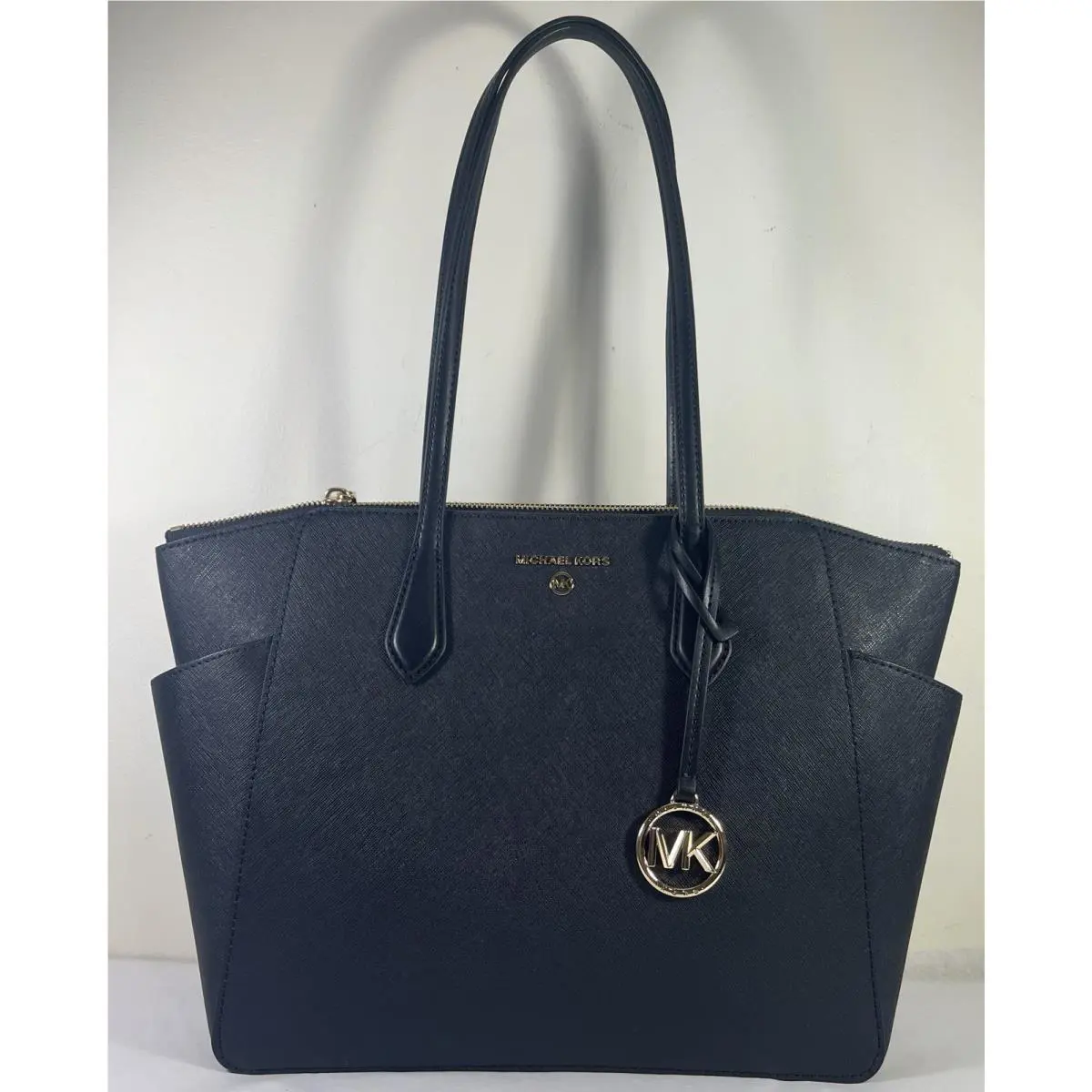 Michael Kors Marilyn Medium Top Zip Black Gold Saffiano Leather Shoulder Tote
