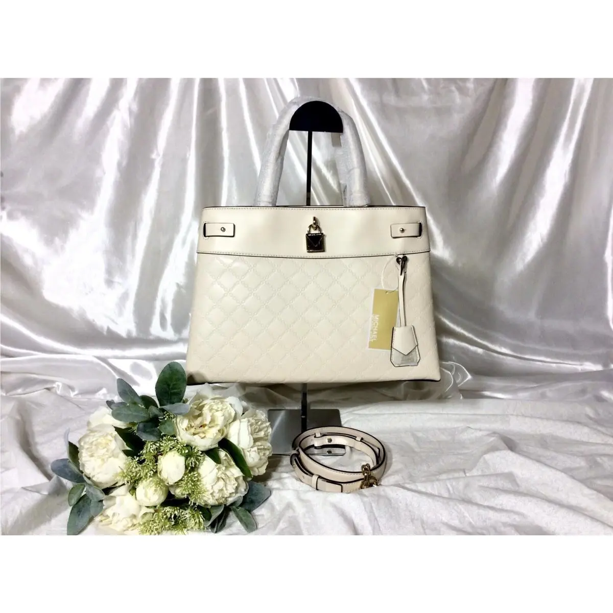 Gramercy Embossed Large Leather Satchel Light Cream by Michael Kors
