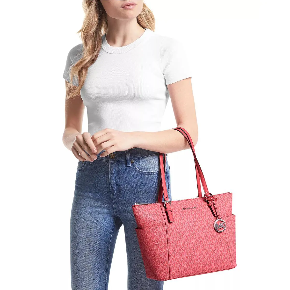 Michael Kors Jet Set Item East/west Top Zip Signature Tote - Geranium - Exterior: Olive