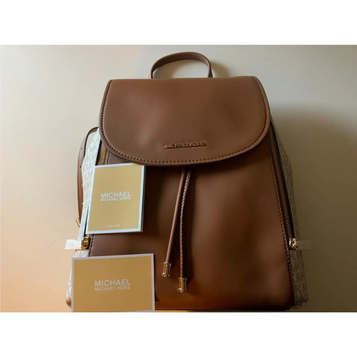 Michael Kors Phoebe 35F2G8PB2B Flap Drawstring Backpack Brown Vanilla