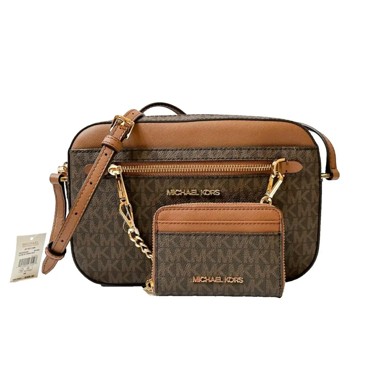 Michael Kors Jet Set Item Front Chain Crossbody Bag + Card Case Wallet MK Brown