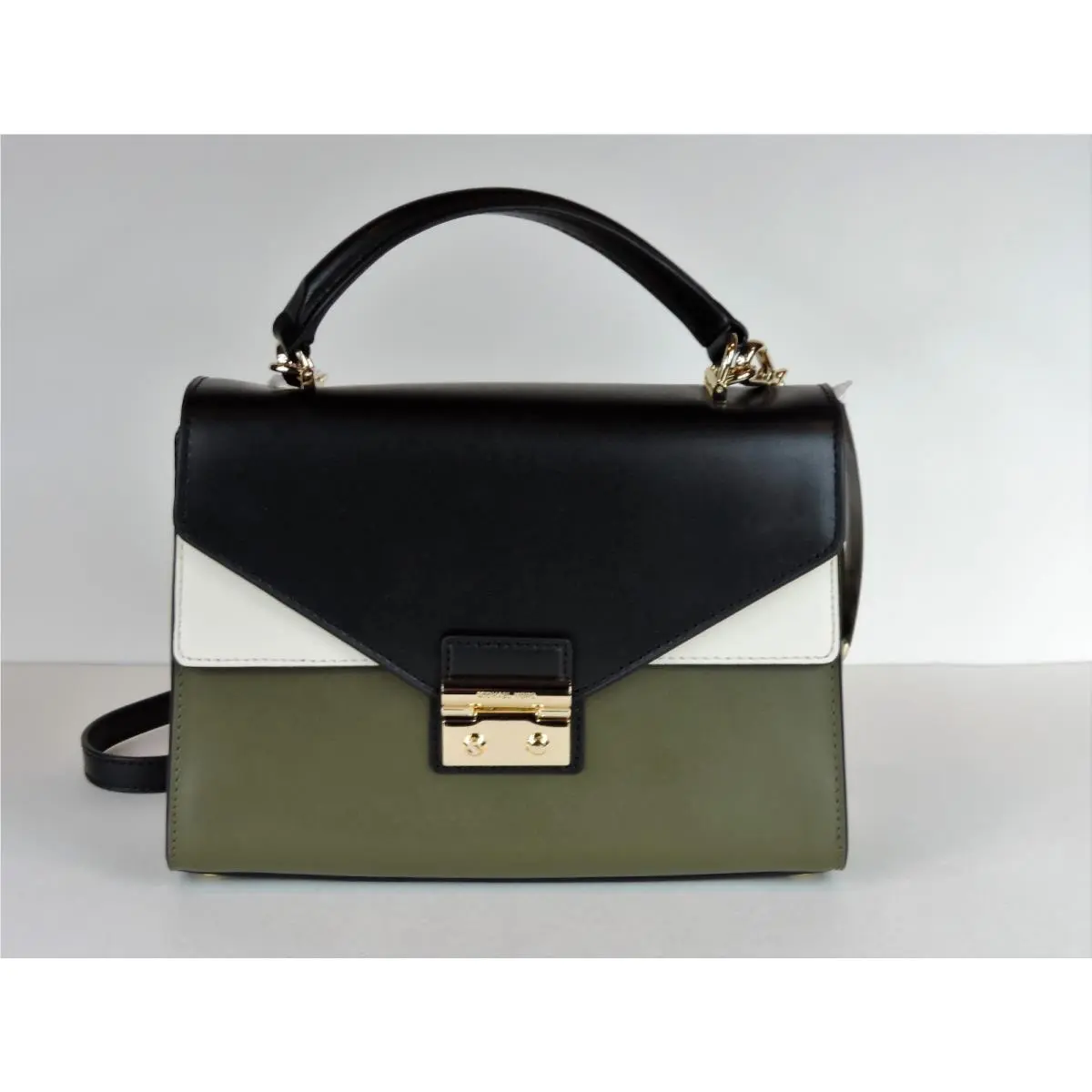 Michael Kors Sloan Medium Top Handle Satchel Lock Closure Bag Olive Black