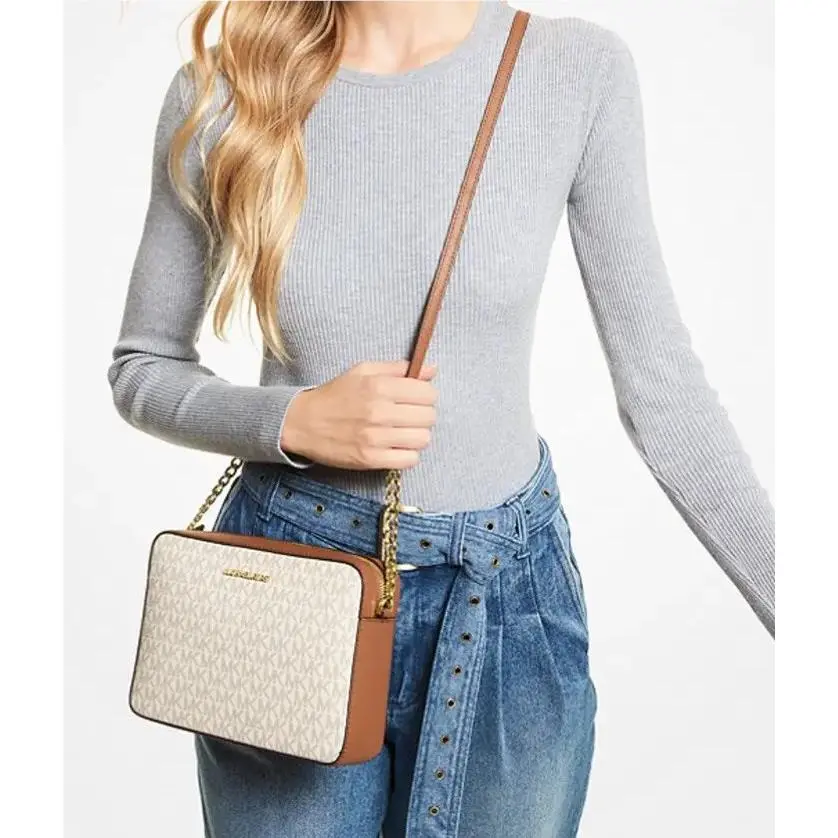 Michael Kors Jet Set Large Printed Logo Crossbody Bag In Vanilla Signature