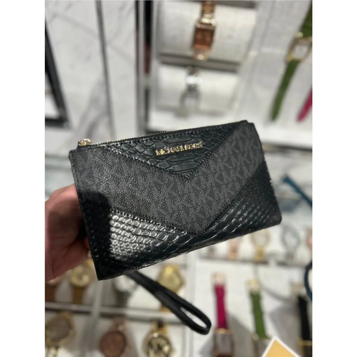 Michael Kors Double Zipper Wristlet Credit Card Phone Holder Wallet Black Clutch