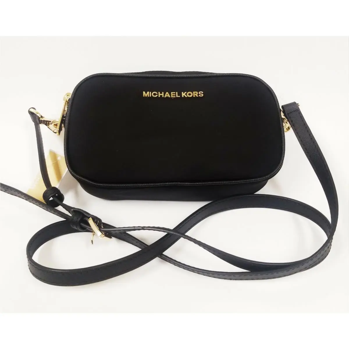 Michael Kors Jet Set Item Black Nylon Double Gold Zip Crossbody Shoulder Bag