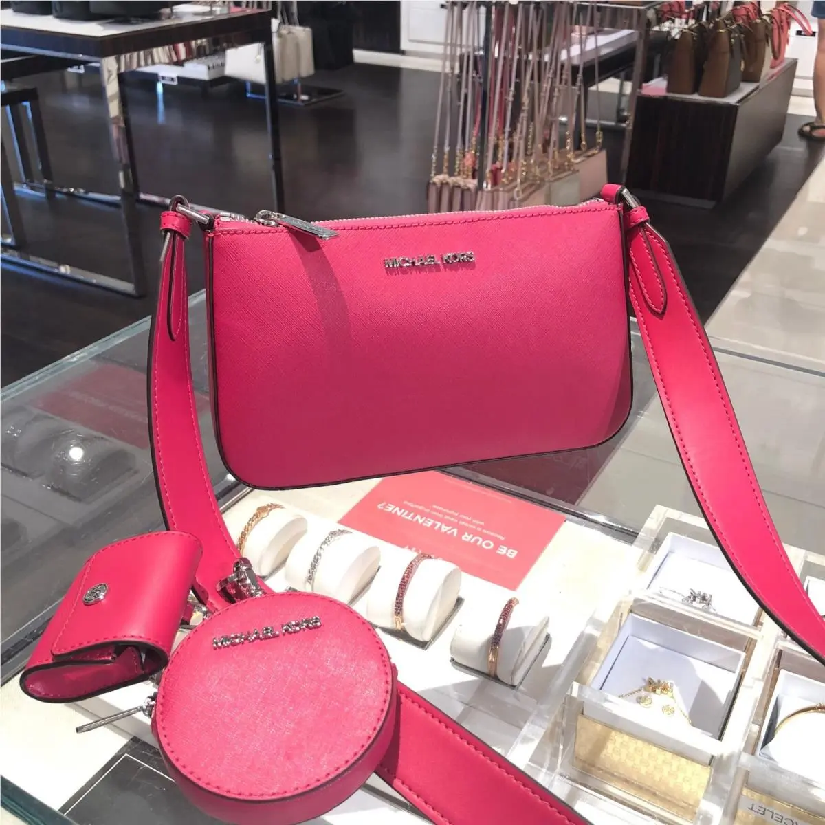 Michael Kors Jet Set Travel SM Crossbody Bag Tech Attached MK - Carmine Pink