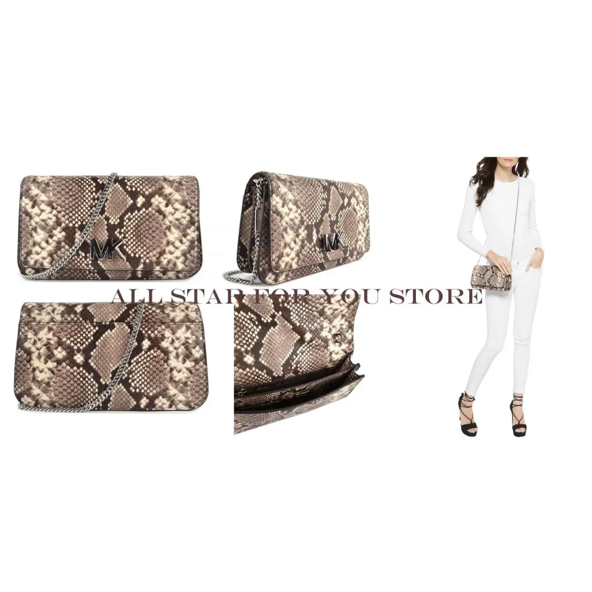 Michael Kors Crossbody Bag Mott Large Clutch Snake Embossed Leather Bag