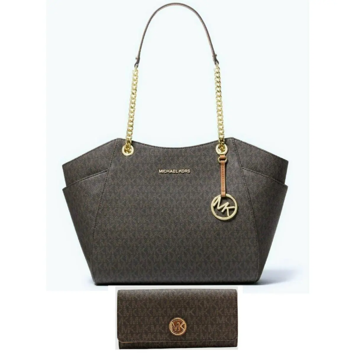 Michael Kors 2 PC Set Brown Gold Chain Jet Set Travel Tote+fulton WALLET-$556