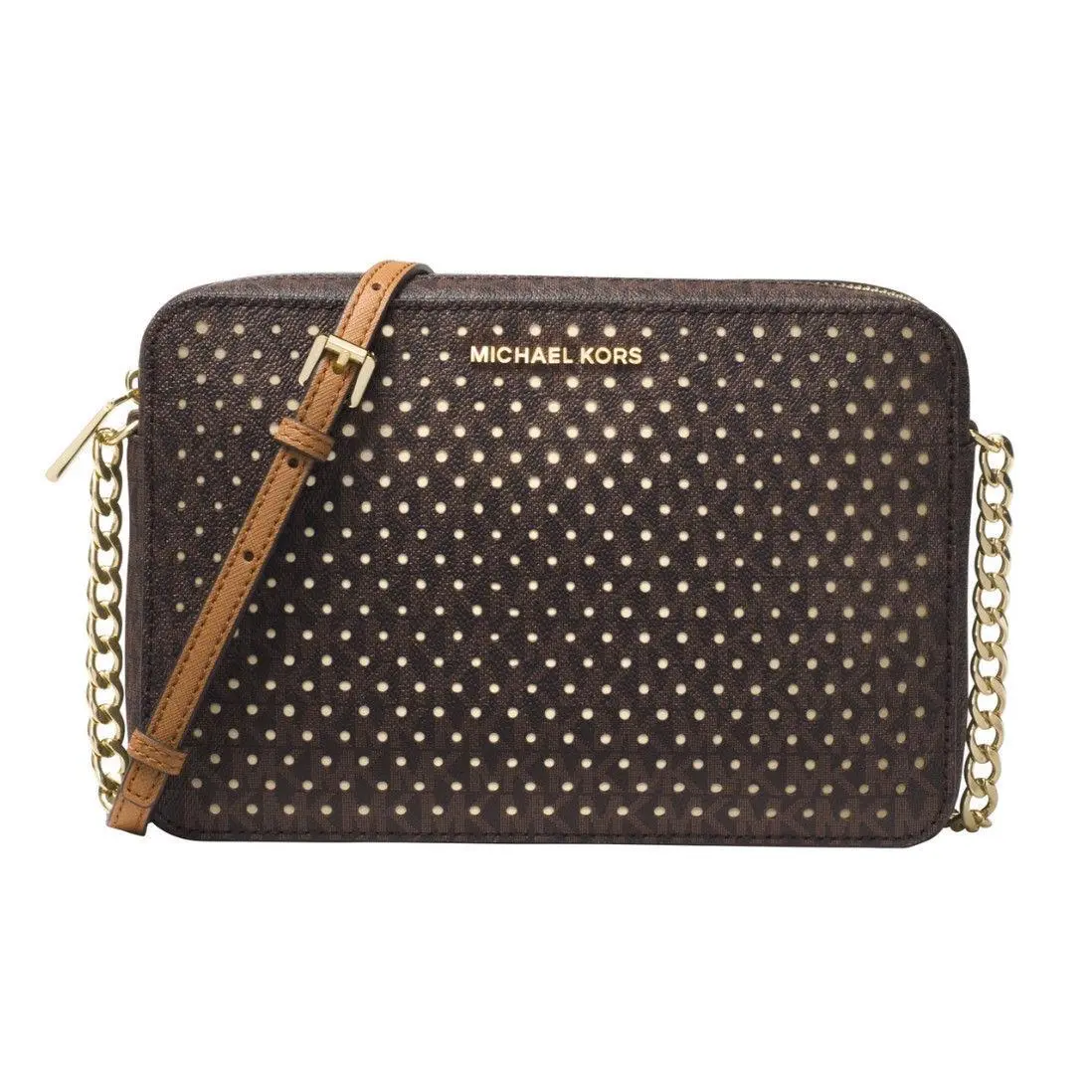 Michael Kors Brown Gold Large East West Signature Perforated Crossbody Bag Purse - Exterior: Brown