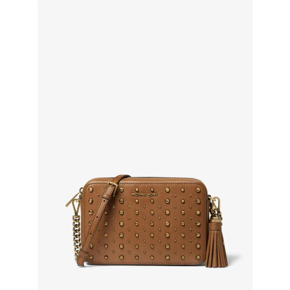 Michael Kors Ginny Medium Brown Studded Pebbled Leather Crossbody W/goldtone Hrd