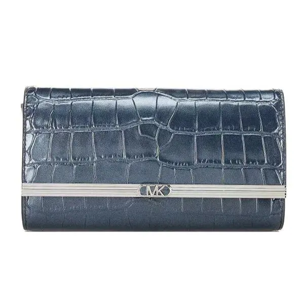 Croco Embossed Silver Hardware Mona Large E/w Clutch Navy by Michael Kors