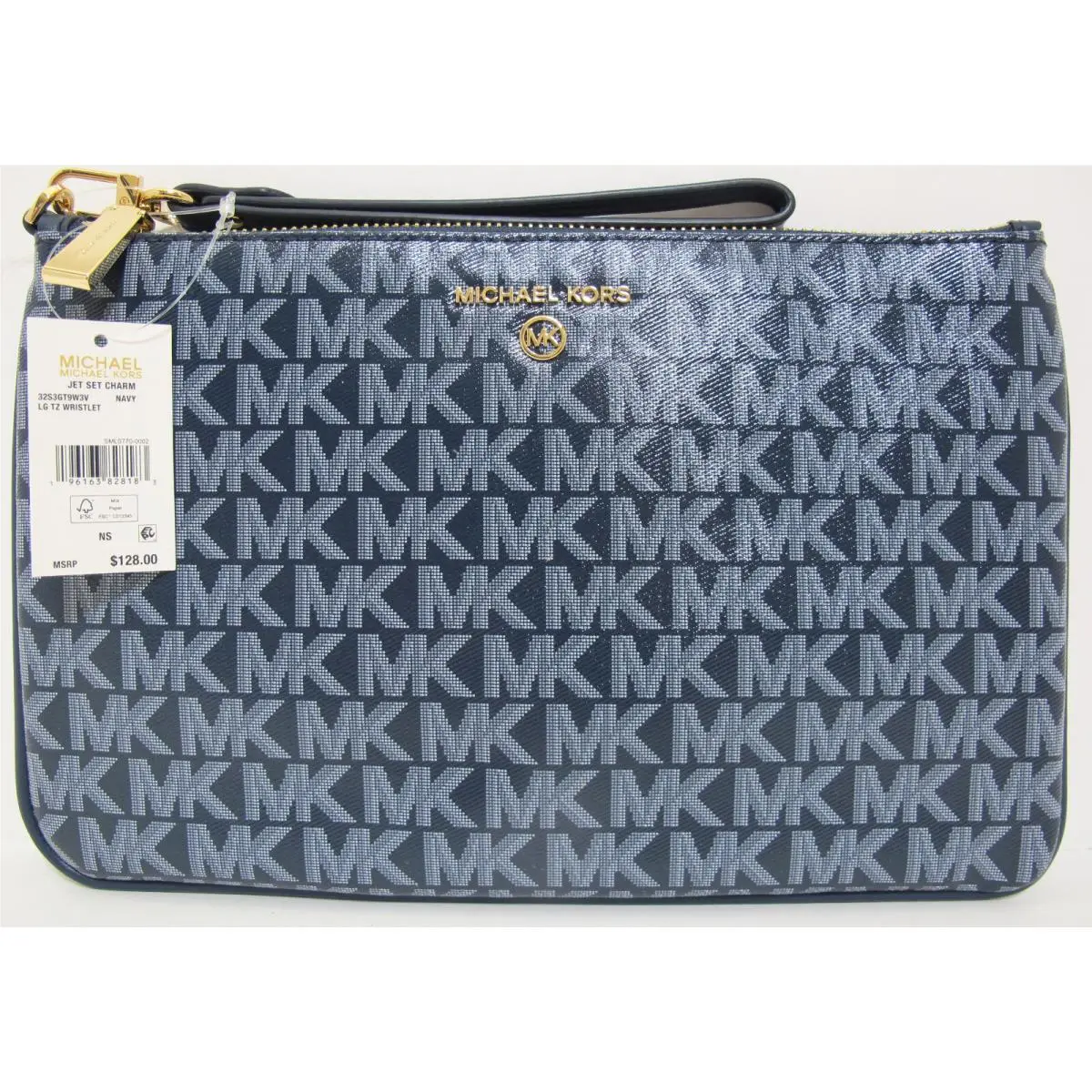 Michael Kors Jet Set Logo Charm Large Top Zip Wristlet/clutch Navy/gold