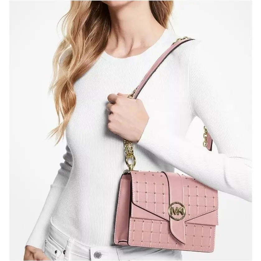 Michael Kors Greenwich Small Studded Leather Crossbody Bag Smokey Rose