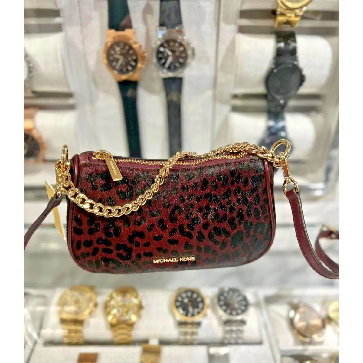 Michael Kors Carmela Leather Small Pouchette Chain Crossbody Bag Oxblood Multi