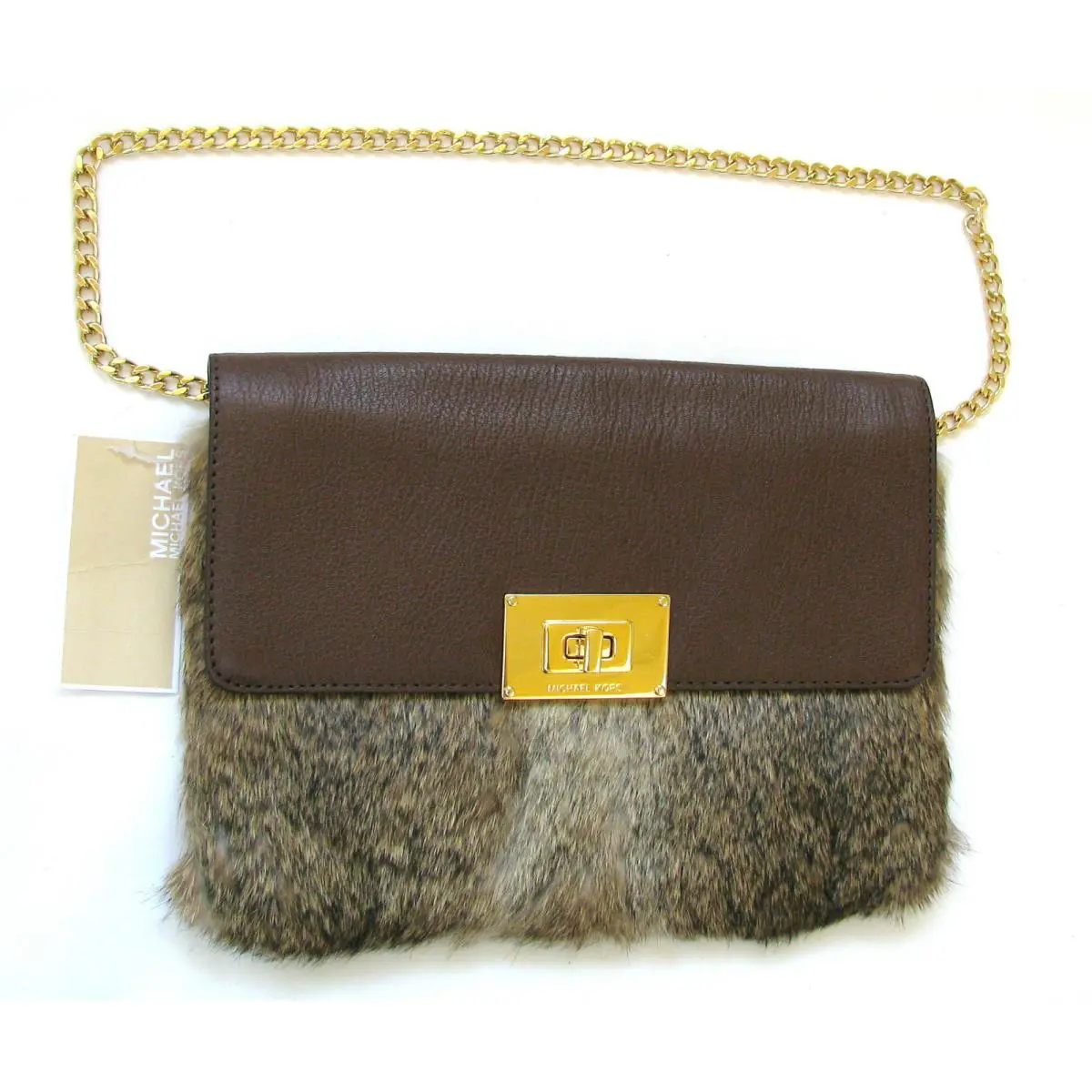 Michael Kors Sloan Rabbit Fur+brown Leather+gold Clutch Shoulder Hand Bag