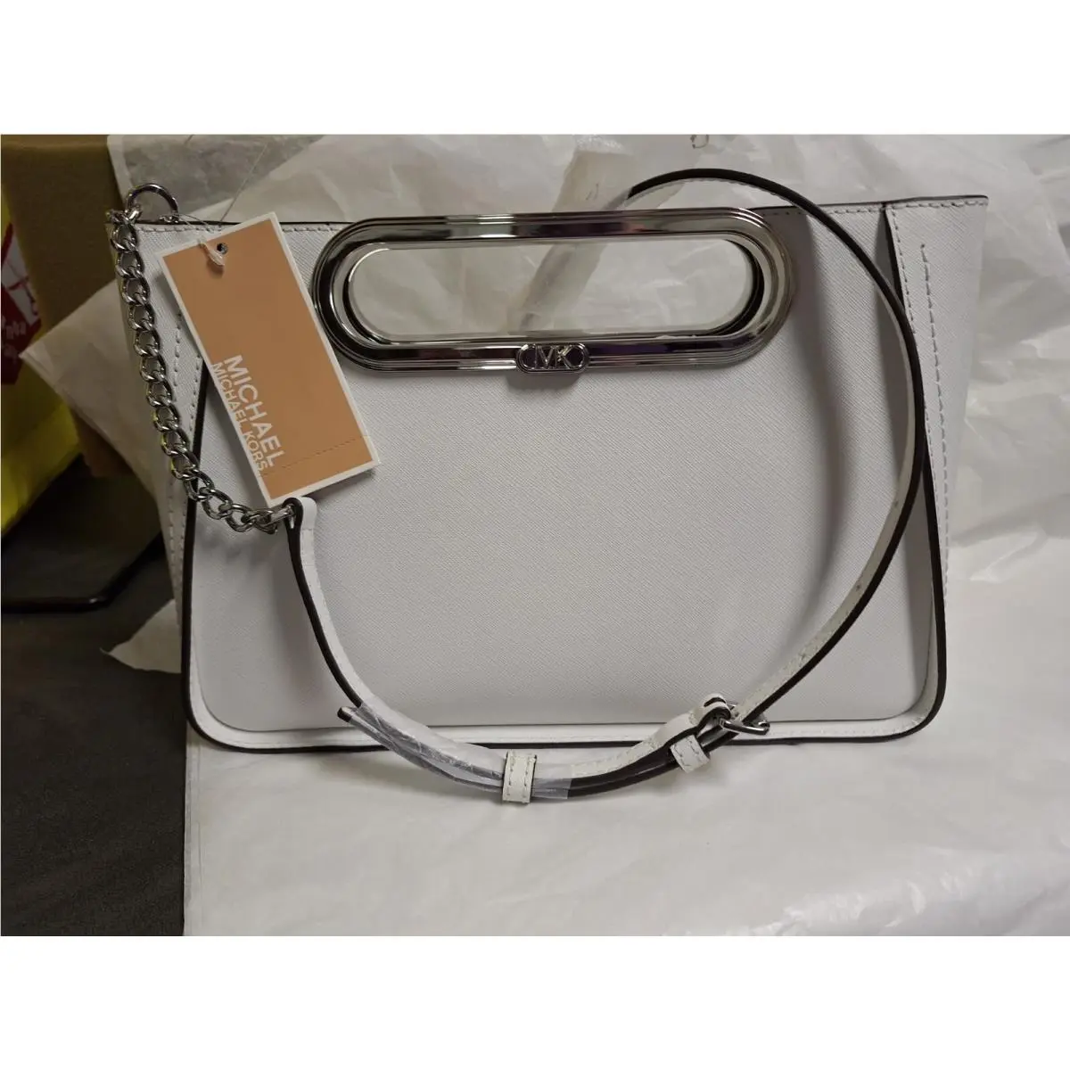 Michael Kors Chelsea Large Silver Convertible Clutch Optic White Shoulder Strap