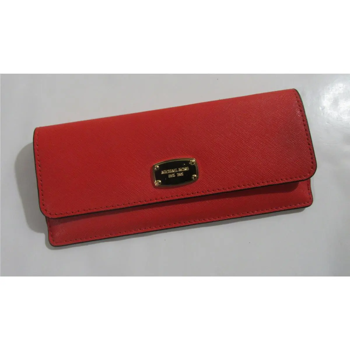 Michael Kors Jet Set Travel Leather Flap Flat Wallet w Plaque Logo Sienna