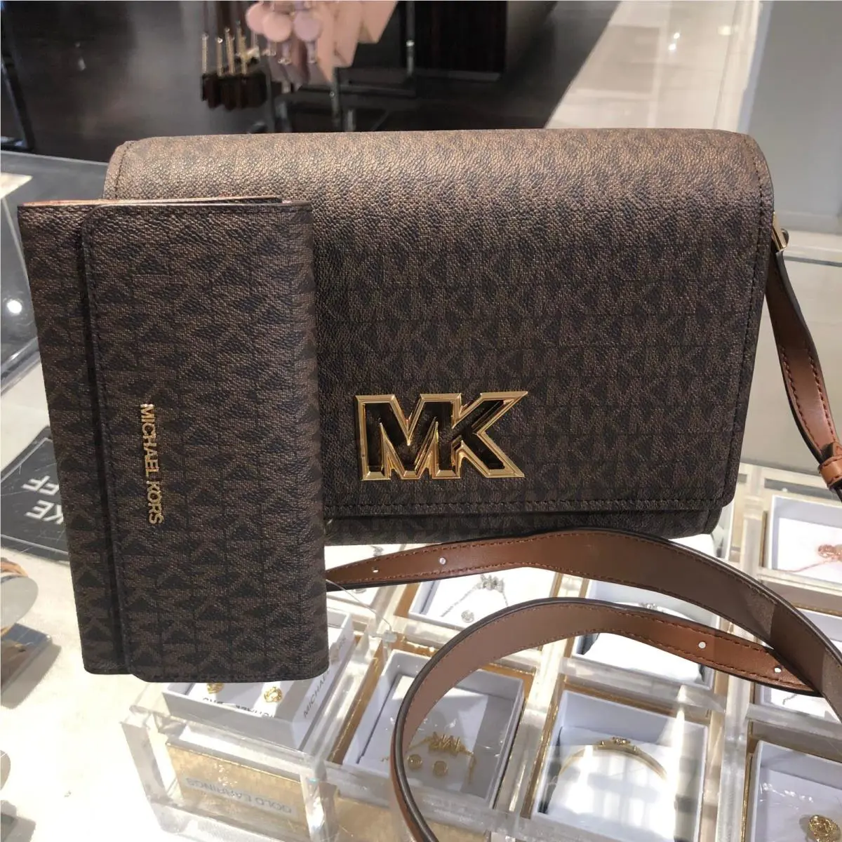 Michael Kors Mimi Medium Flap Pvc Leather Shoulder Handbag+wallet Brown