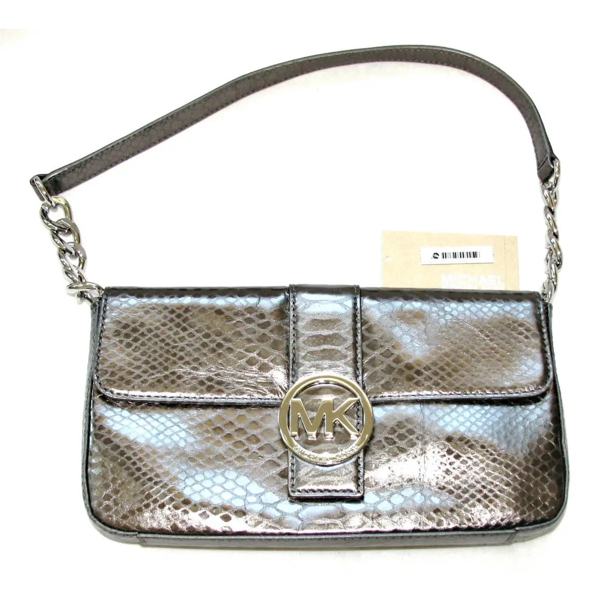 Fulton Gunmetal Python Leather+silver Flap Clutch Shoulder Bag by Michael Kors