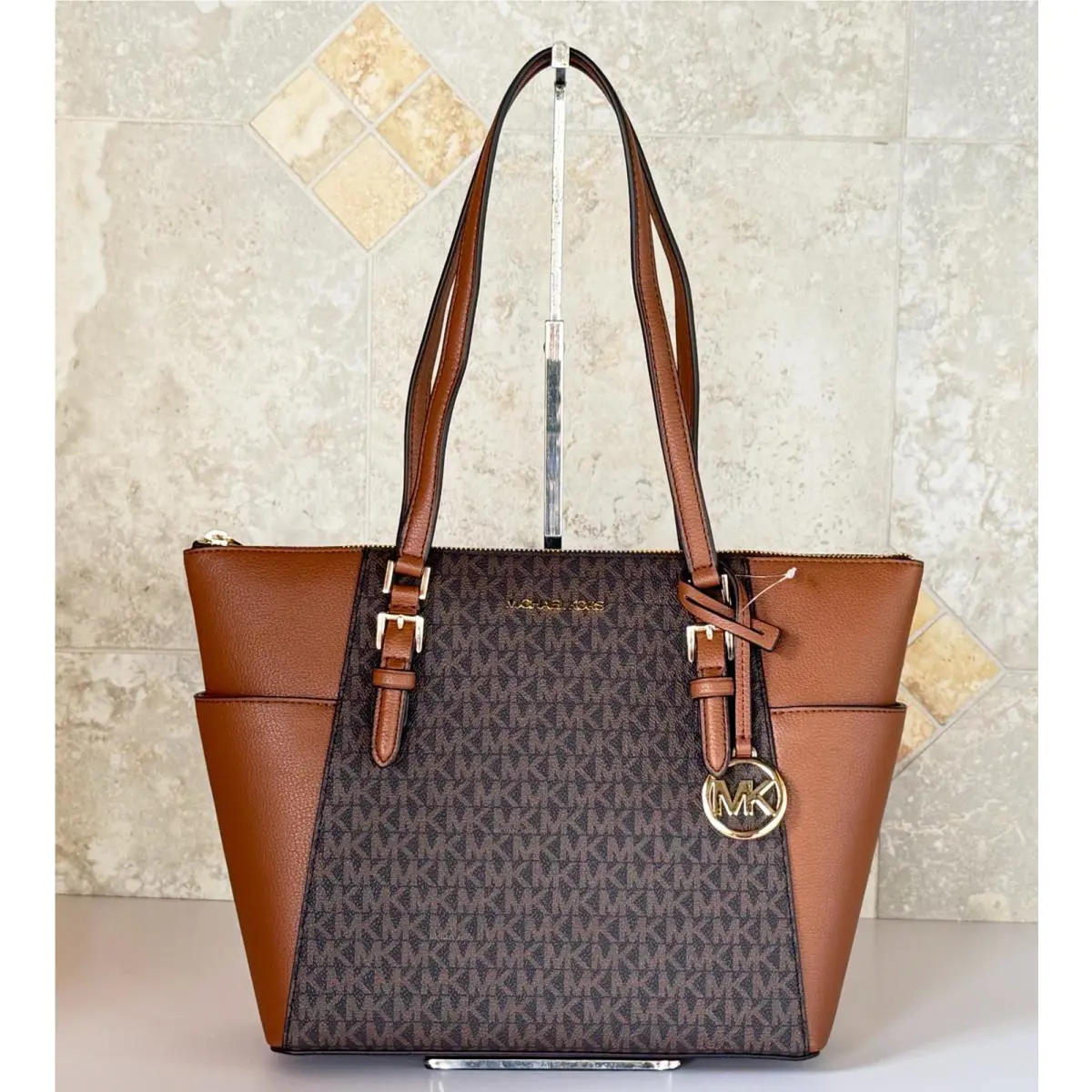 Michael Kors Charlotte Large Top Zip Tote Shoulder Bag MK Brown