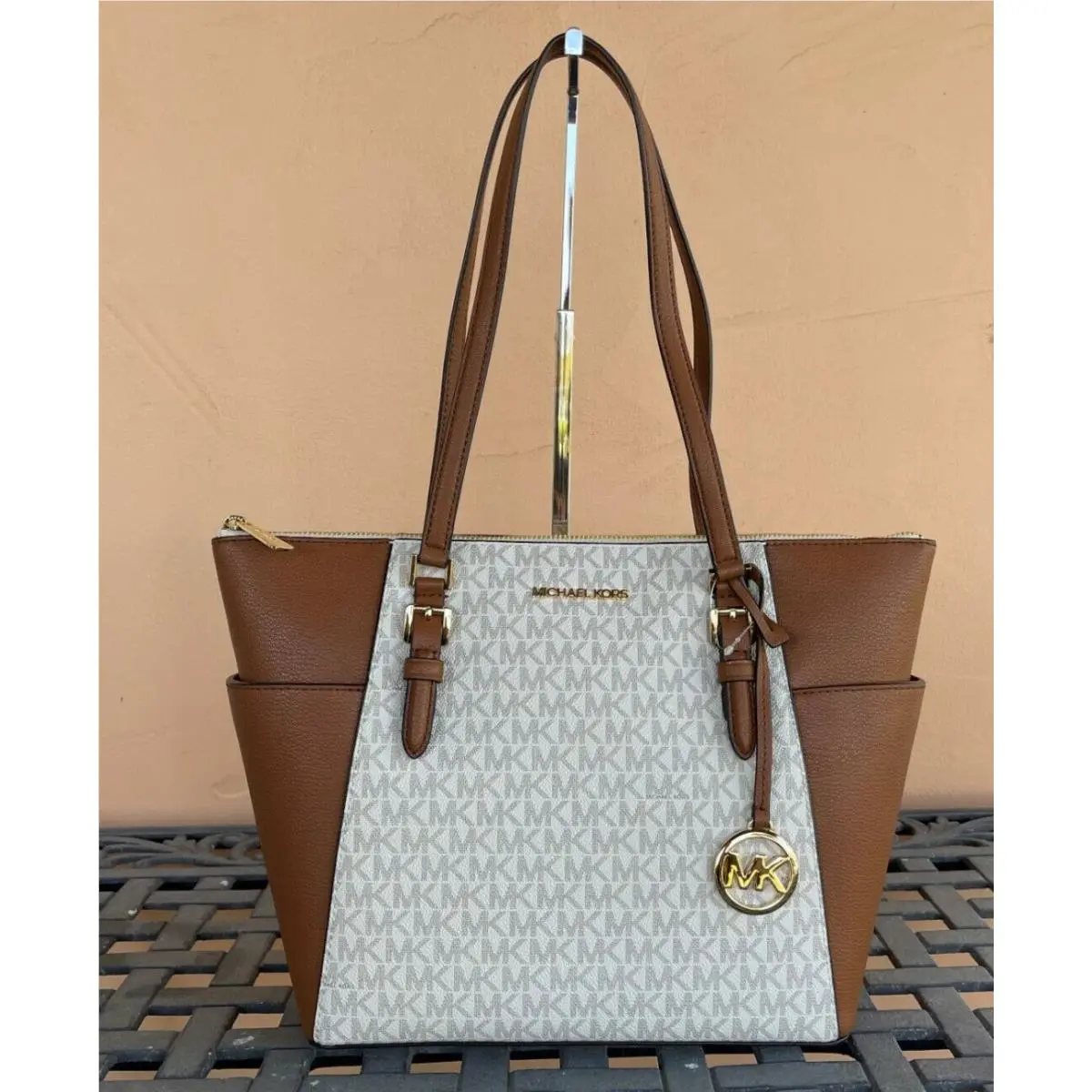 Michael Kors Charlotte Top Zip Shoulder Tote Bag Handbag MK Vanilla