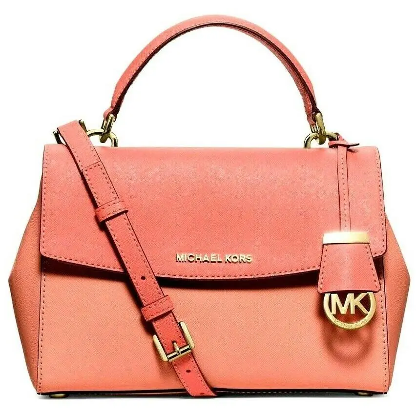 Michael Kors Ava Peach Pink Saffiano Leather Satchel Crossbody Bag Purse